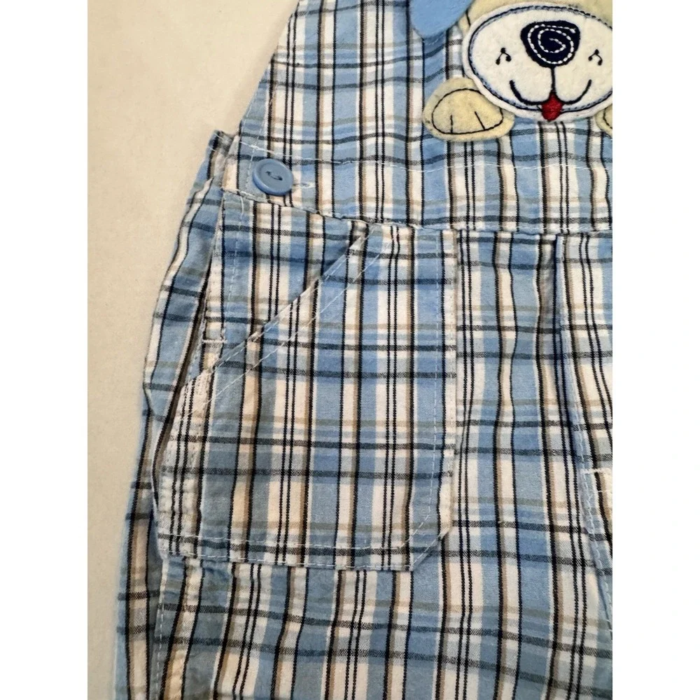 Vintage B.T. Kids Boys Plaid Blue Overalls Puppy Size 18‎ Months